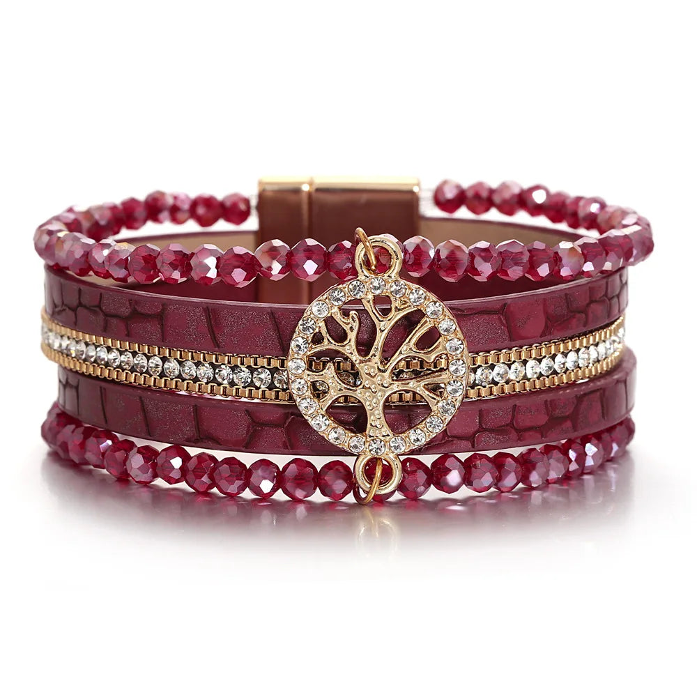 Boho-armbånd med flere rækker livets træ rød