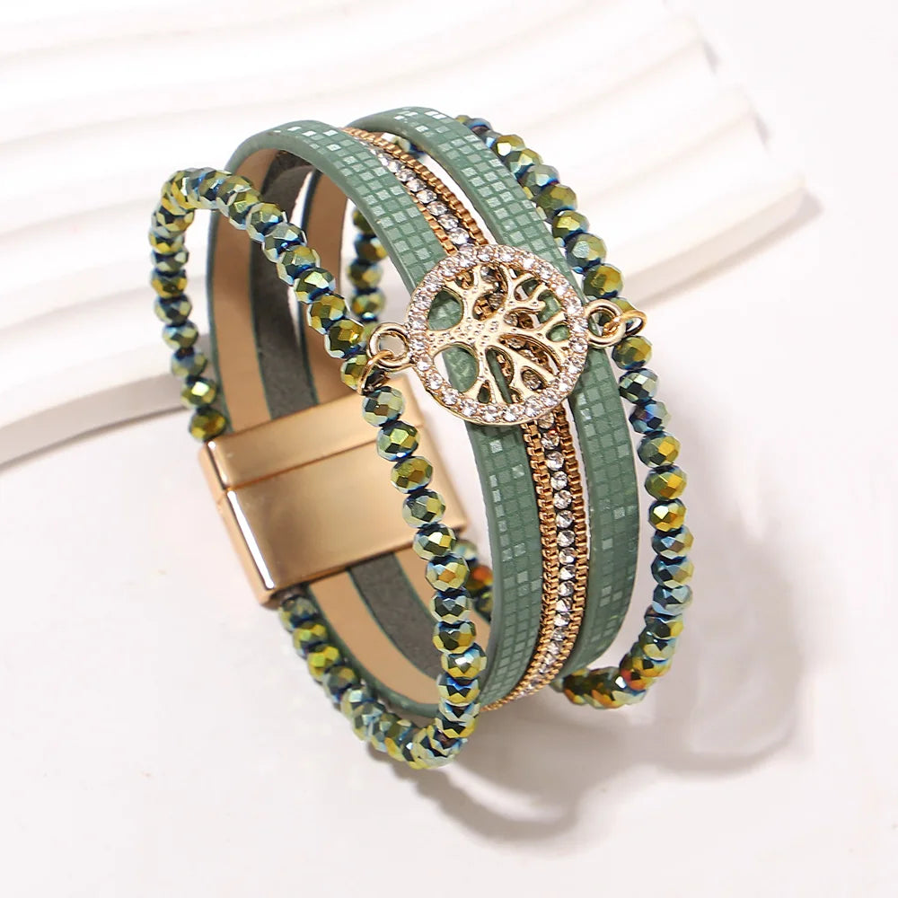 Boho-armbånd med flere rækker livets træ grøn