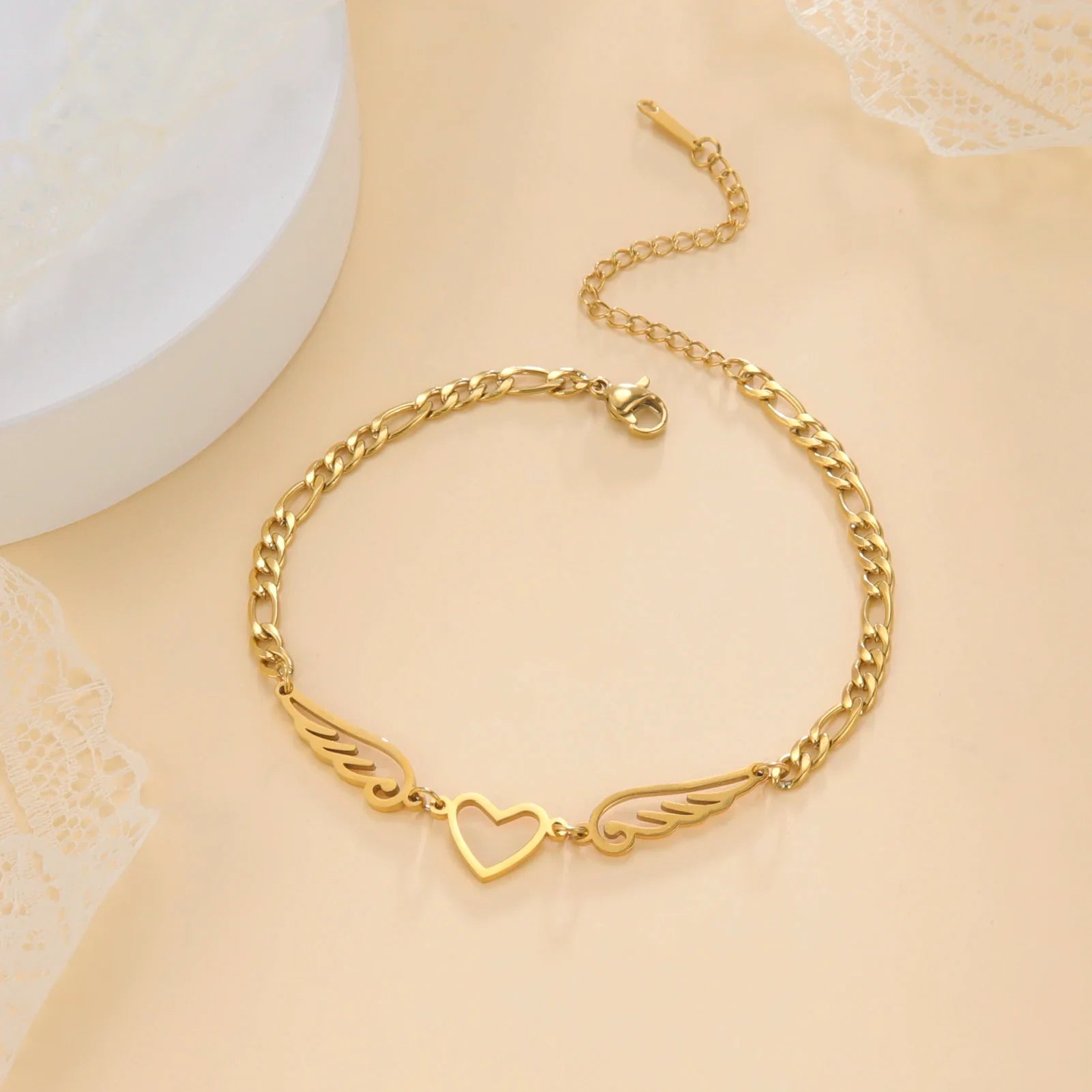 Bracelet coeur et ailes d'ange or