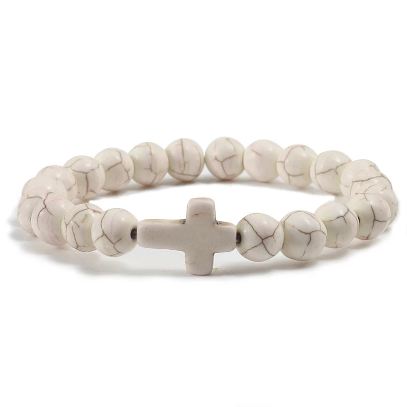 Armband Kreuz aus weißen Natursteinen