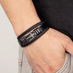 Black Leather Cross and Braid Bracelet