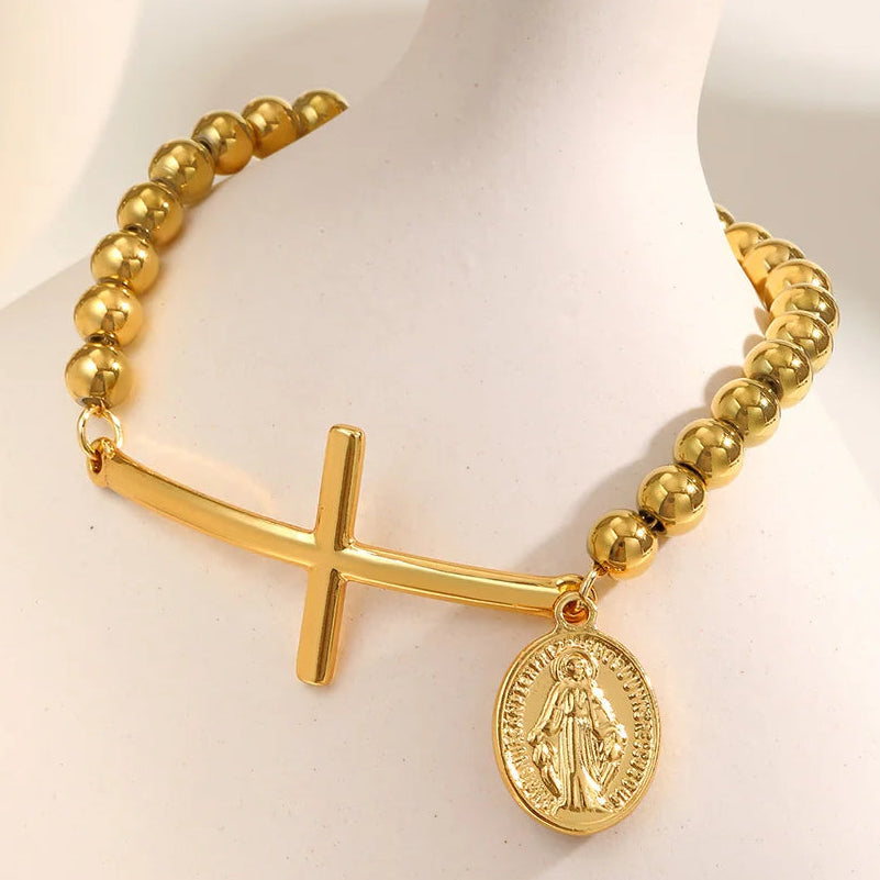 Glaubensarmband mit Kreuz und goldener Medaille der Jungfrau Maria