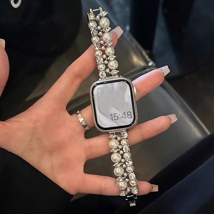Ersatzarmband für die Apple Watch mit Strass und silberfarbenen Perlen