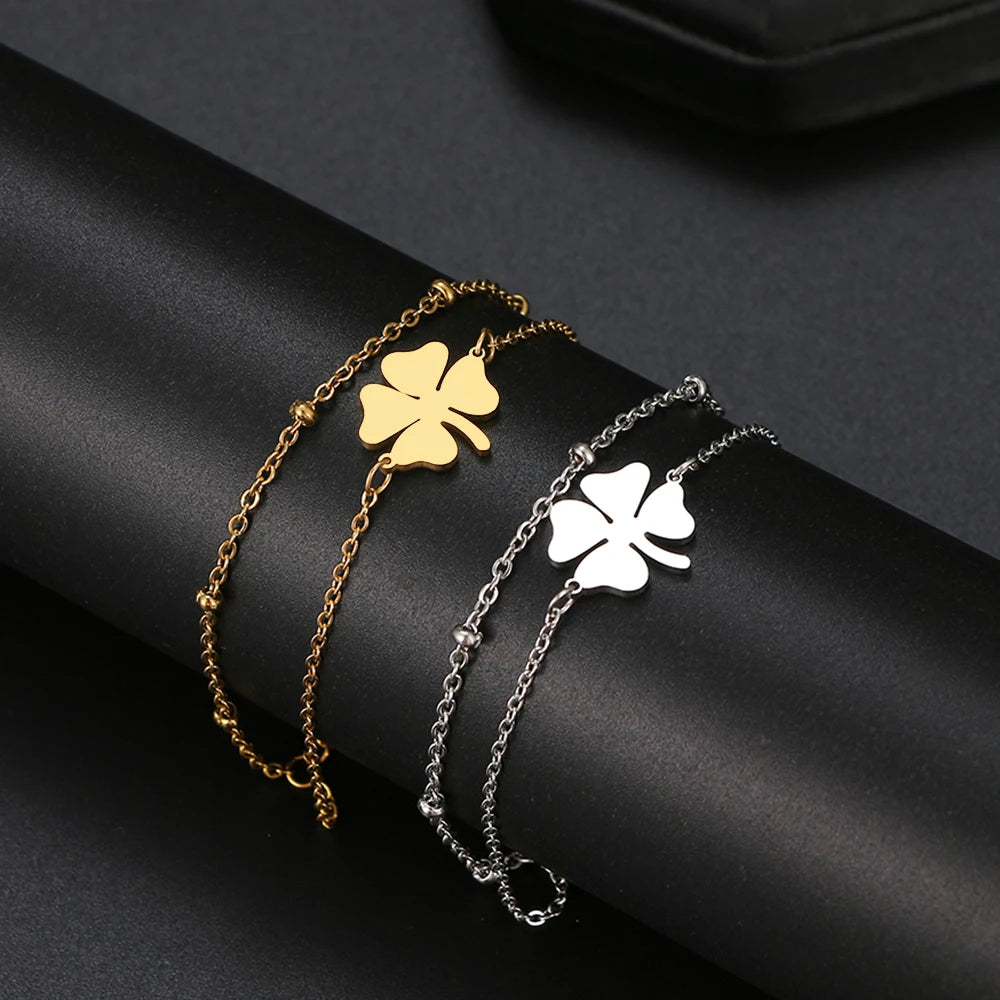  Bracelet Double avec Trèfle à 4 Feuilles or