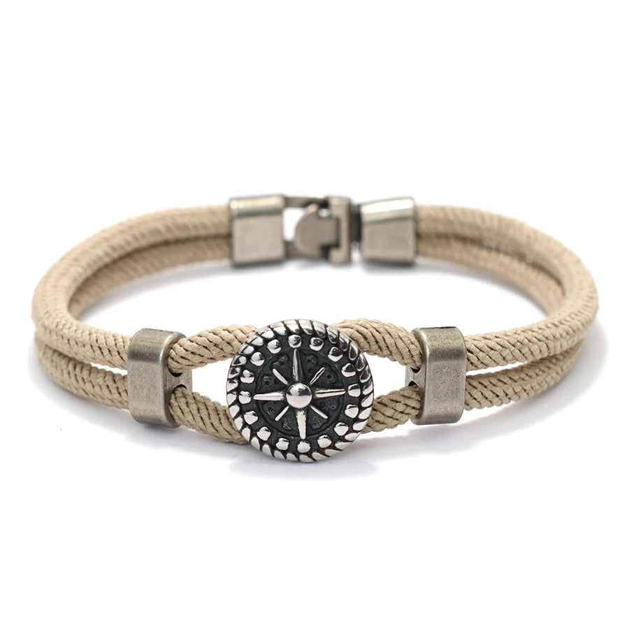 Bracelet en Corde avec Boussole Rose des Vents beige