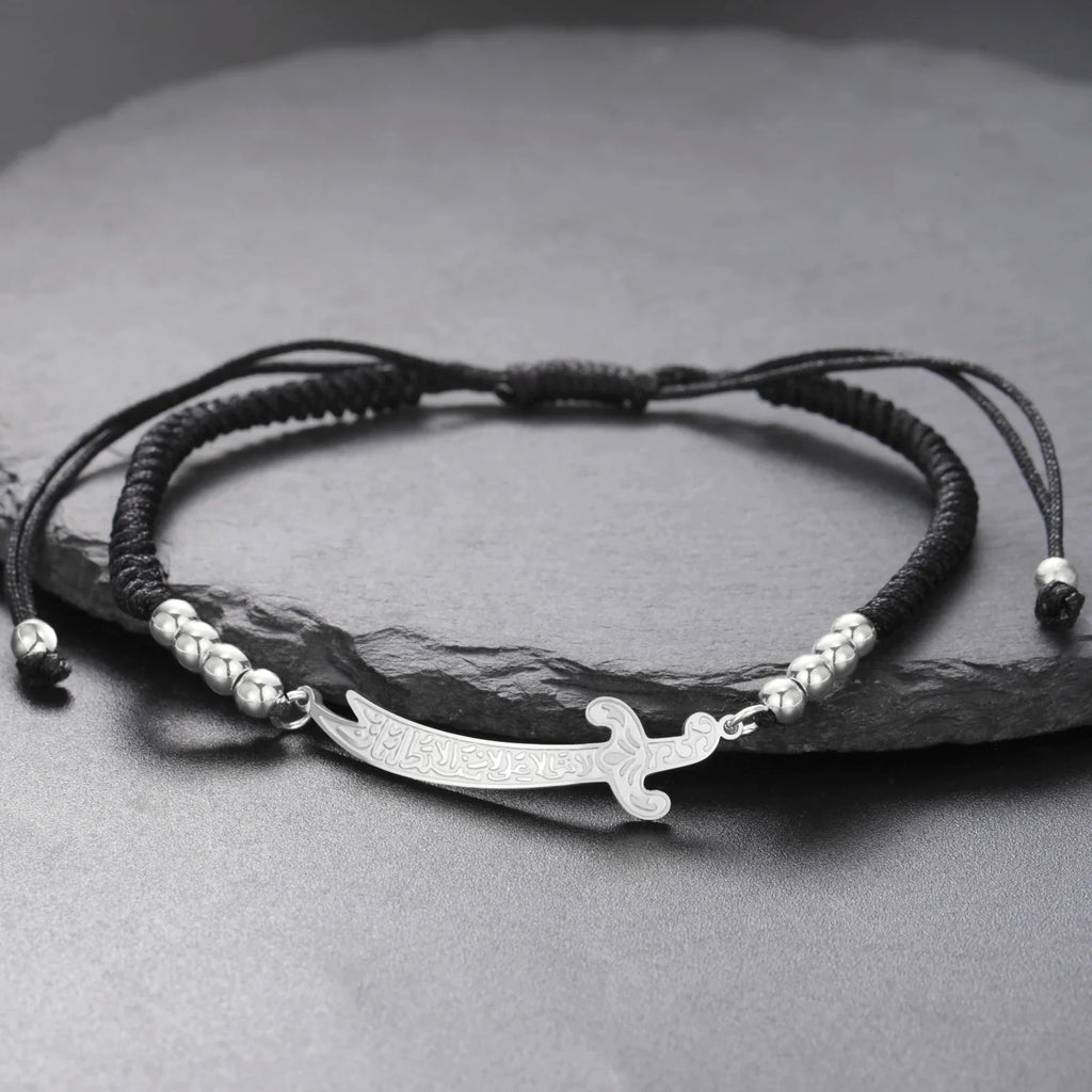 Bracelet en corde avec épée Ali Zulfiqar arabe noir argent