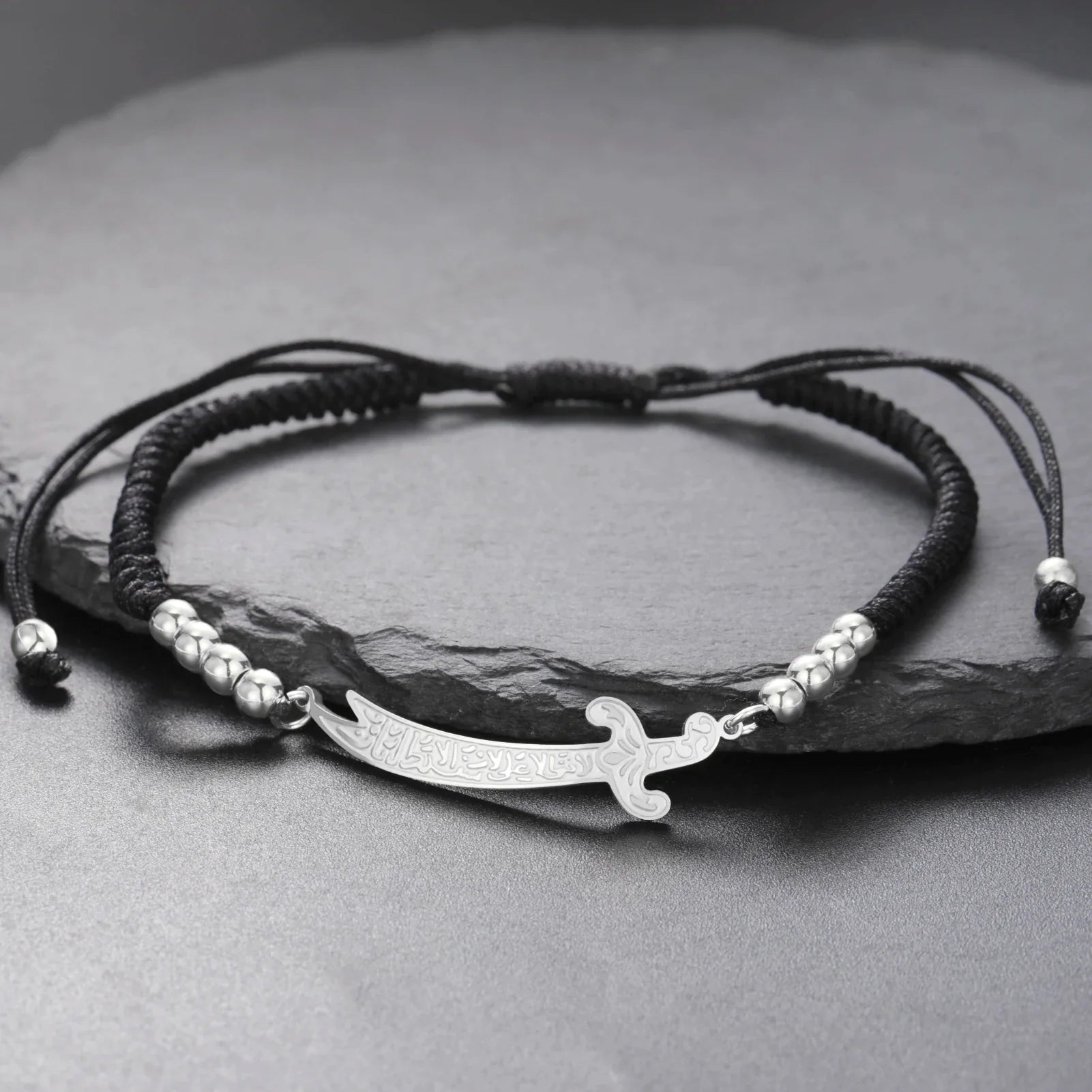 Bracelet en corde avec épée Ali Zulfiqar arabe noir argent