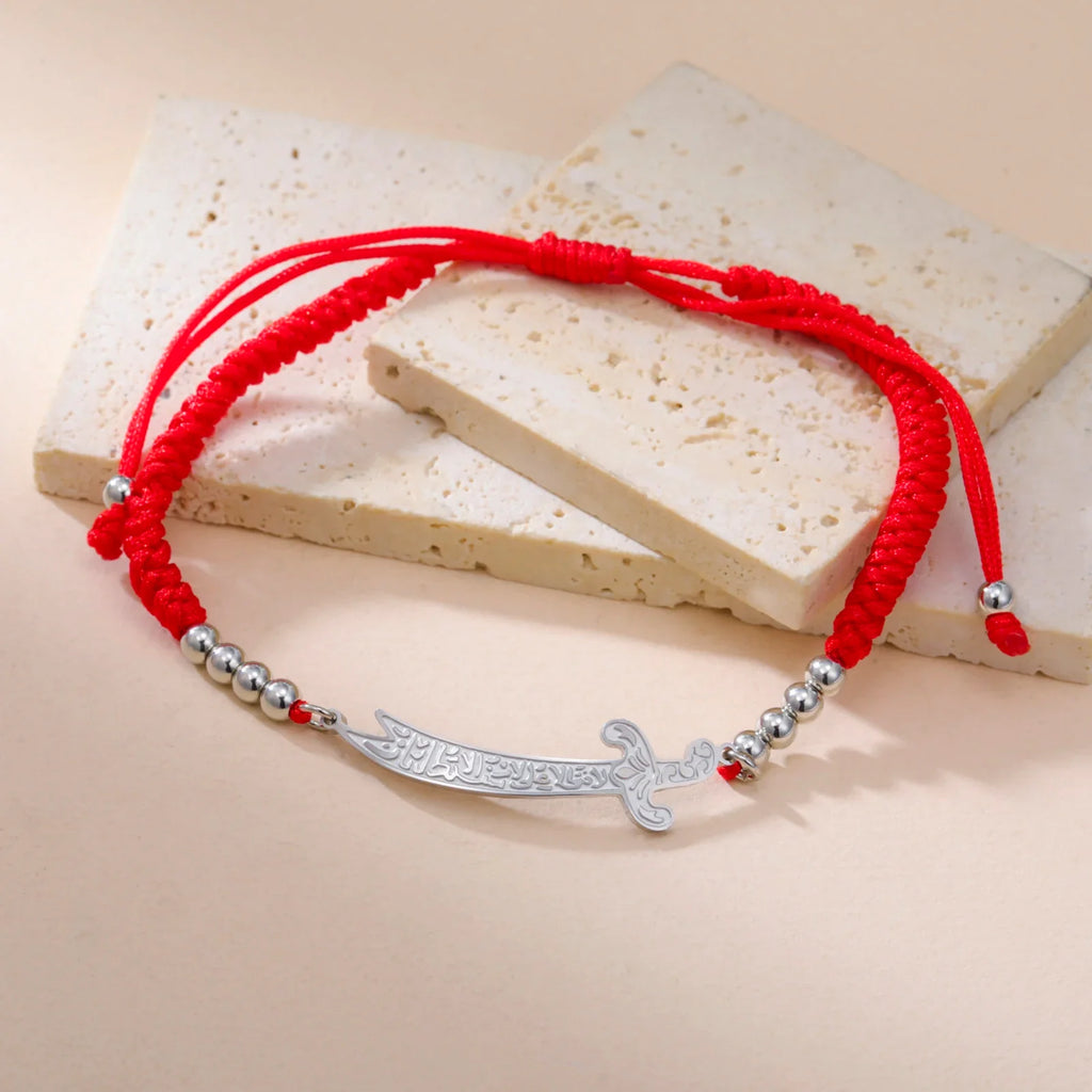 Bracelet en corde avec épée Ali Zulfiqar arabe rouge argent