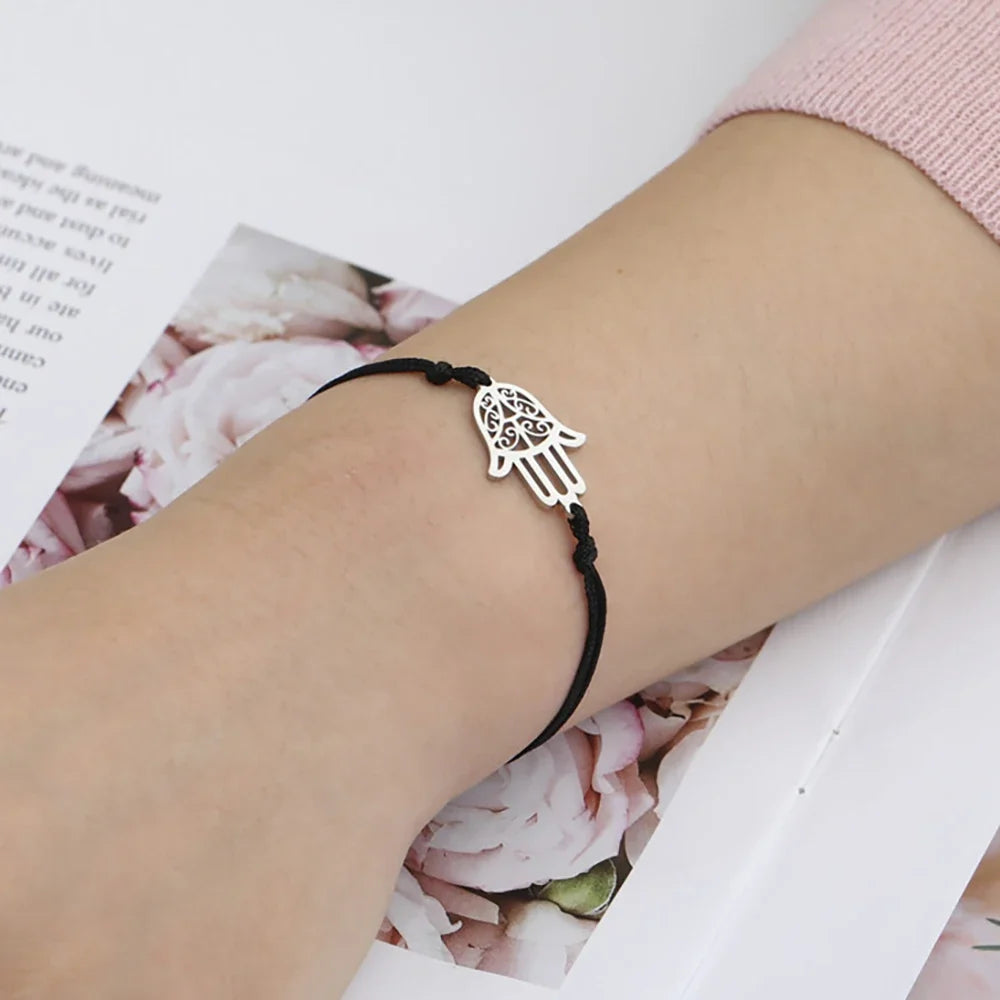 Touwarmband met Arabische Fatma-hand in zilver