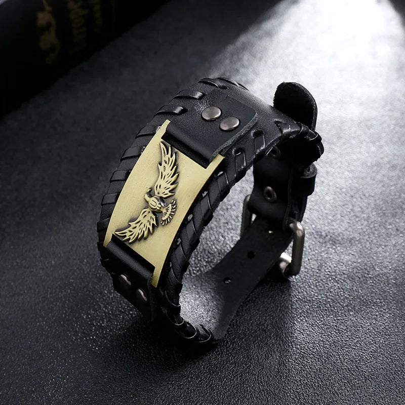 Armband aus schwarzem Leder mit Adler