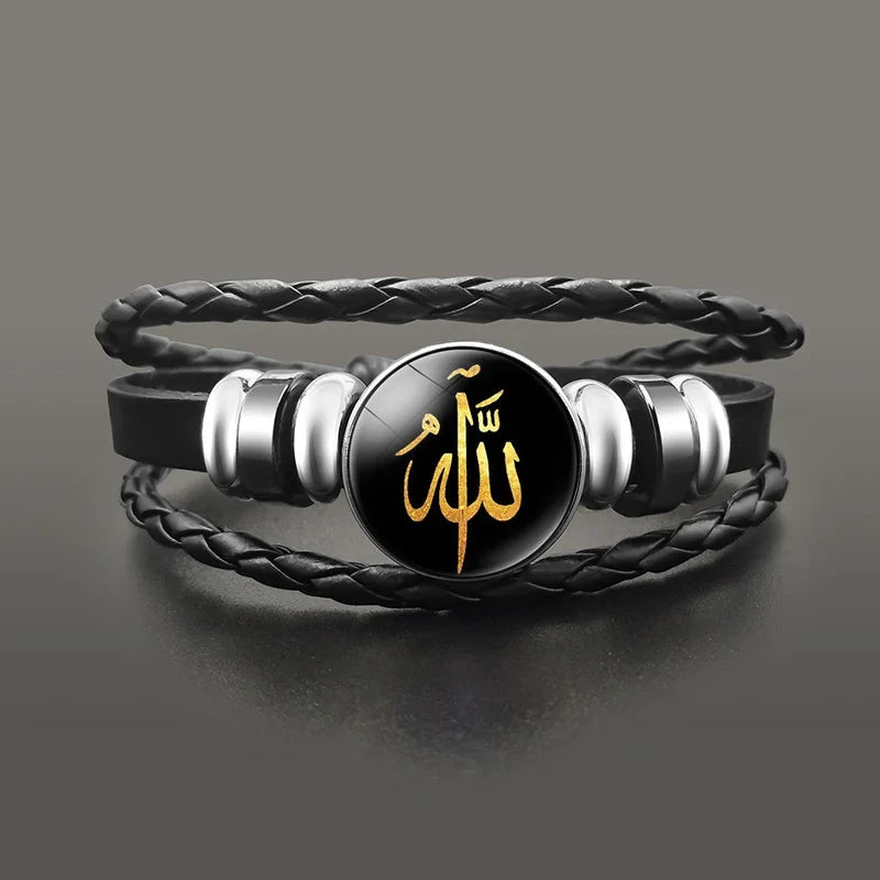 Gold Muslim Arabic Allah leather bracelet