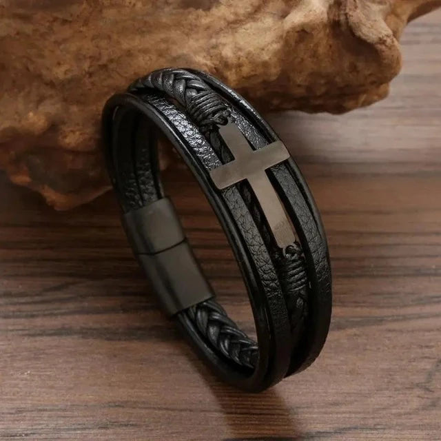 Læderarmbånd med Kors til Mænd 