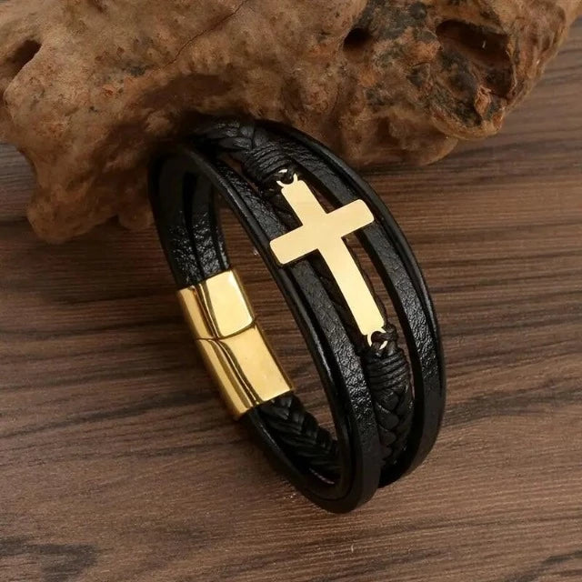 Læderarmbånd med Kors til Mænd 