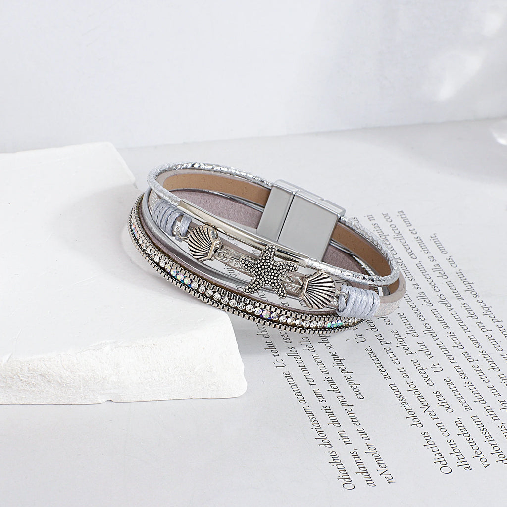Bracelet en cuir coquillage et étoile de mer argent
