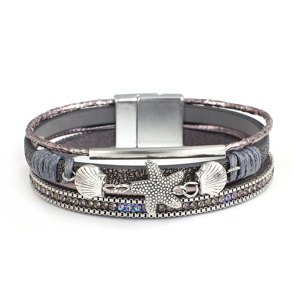 Bracelet en cuir coquillage et étoile de mer gris