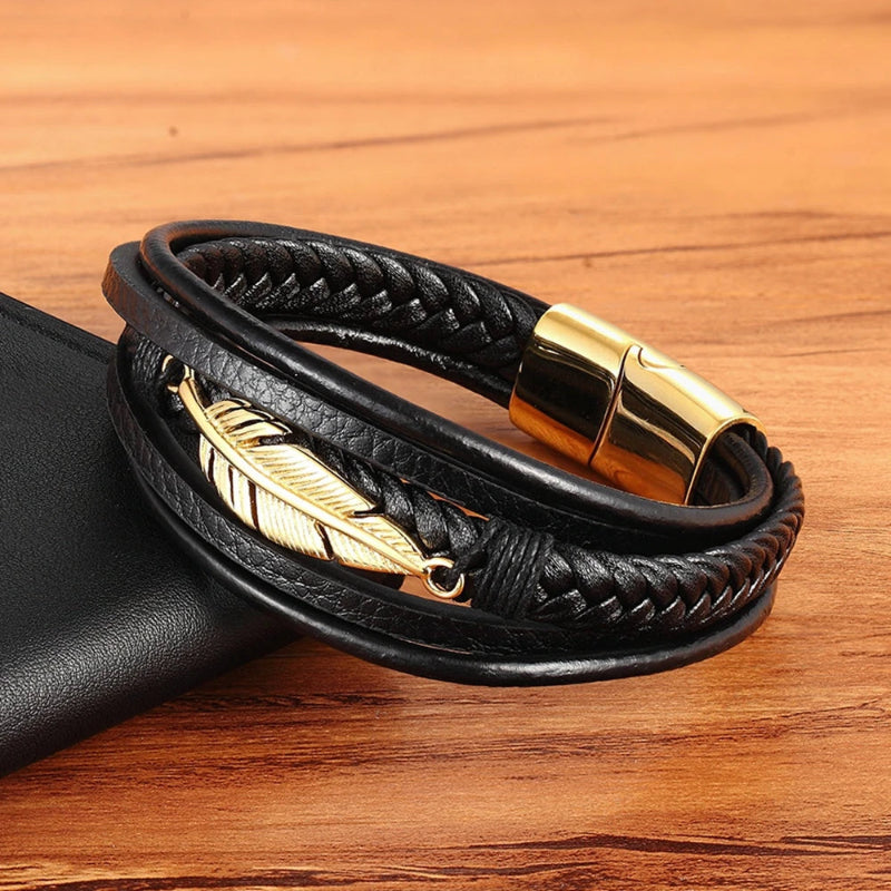 Bracelet en Cuir Plume Homme or