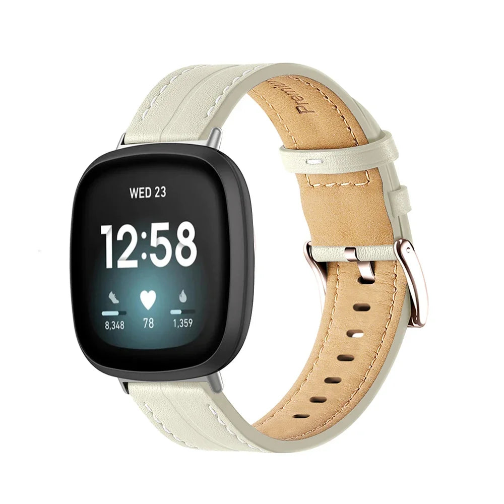 Läderarmband för Fitbit Versa 3, Versa 4, Sense 1 och Sense 2 klocka vit