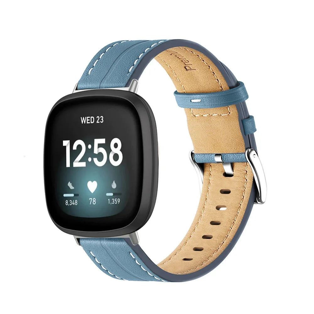 Läderarmband för Fitbit Versa 3, Versa 4, Sense 1 och Sense 2 klocka blå