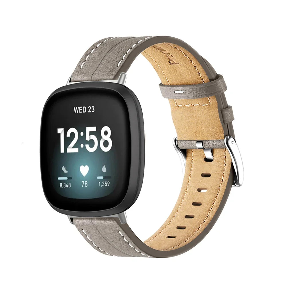 Läderarmband för Fitbit Versa 3, Versa 4, Sense 1 och Sense 2 klocka grå