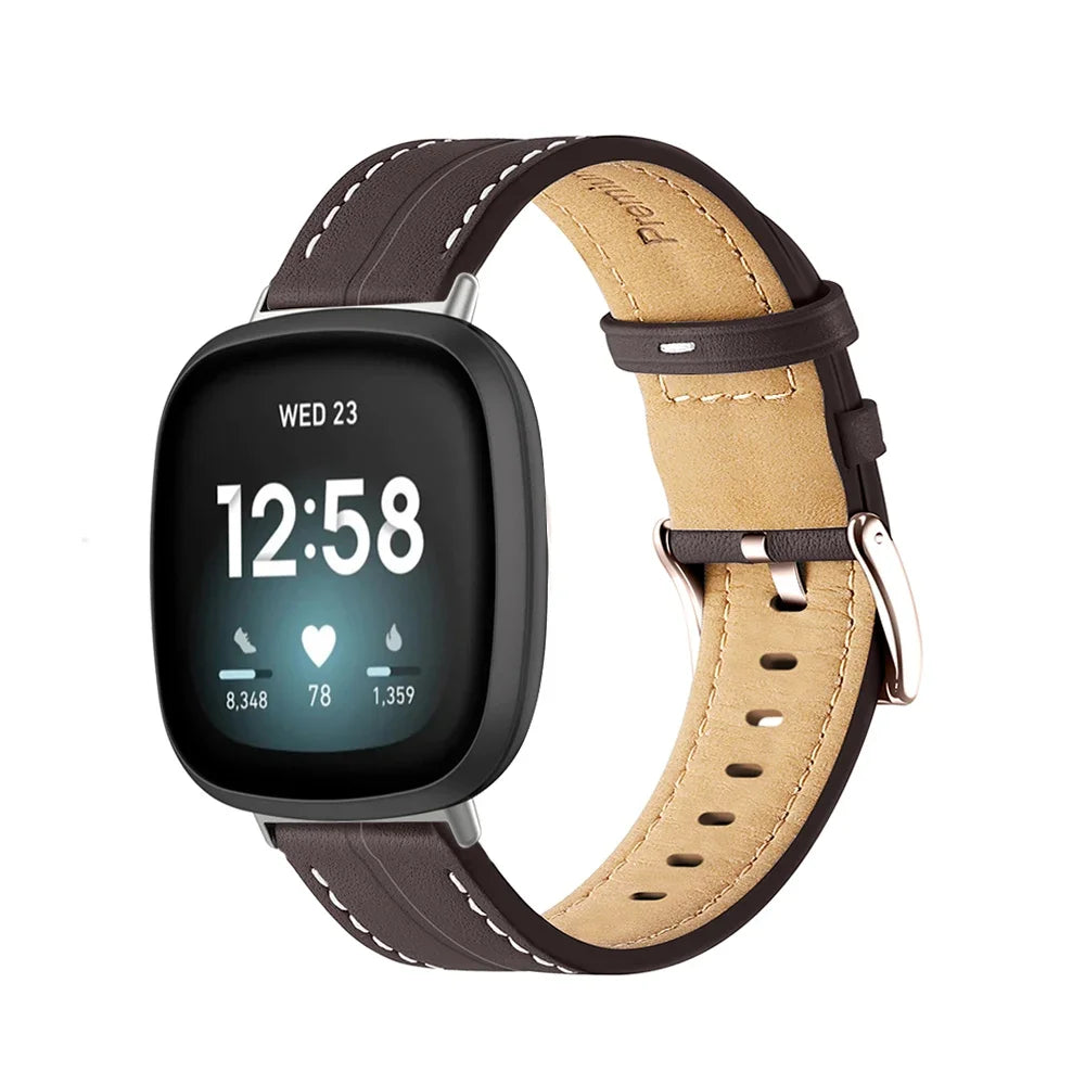 Läderarmband för Fitbit Versa 3, Versa 4, Sense 1 och Sense 2 klocka brun
