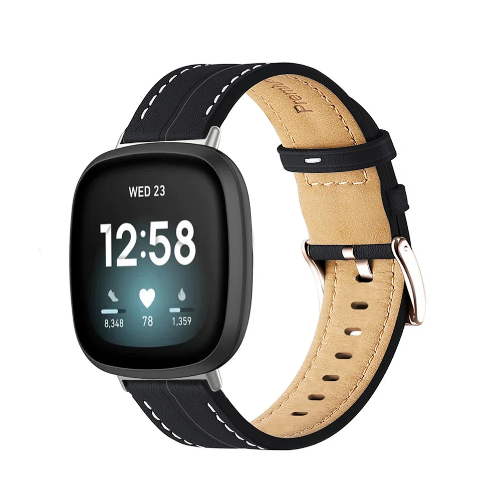 Läderarmband för Fitbit Versa 3, Versa 4, Sense 1 och Sense 2 klocka svart