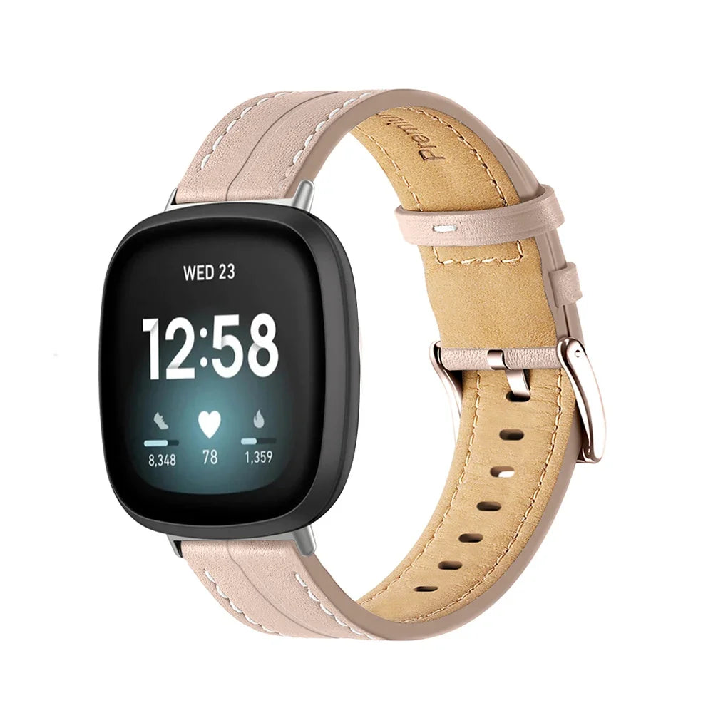 Läderarmband för Fitbit Versa 3, Versa 4, Sense 1 och Sense 2 klocka rosa