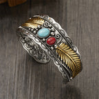 Bracelet Ethnique Vintage avec Pierres et Plumes or et argent