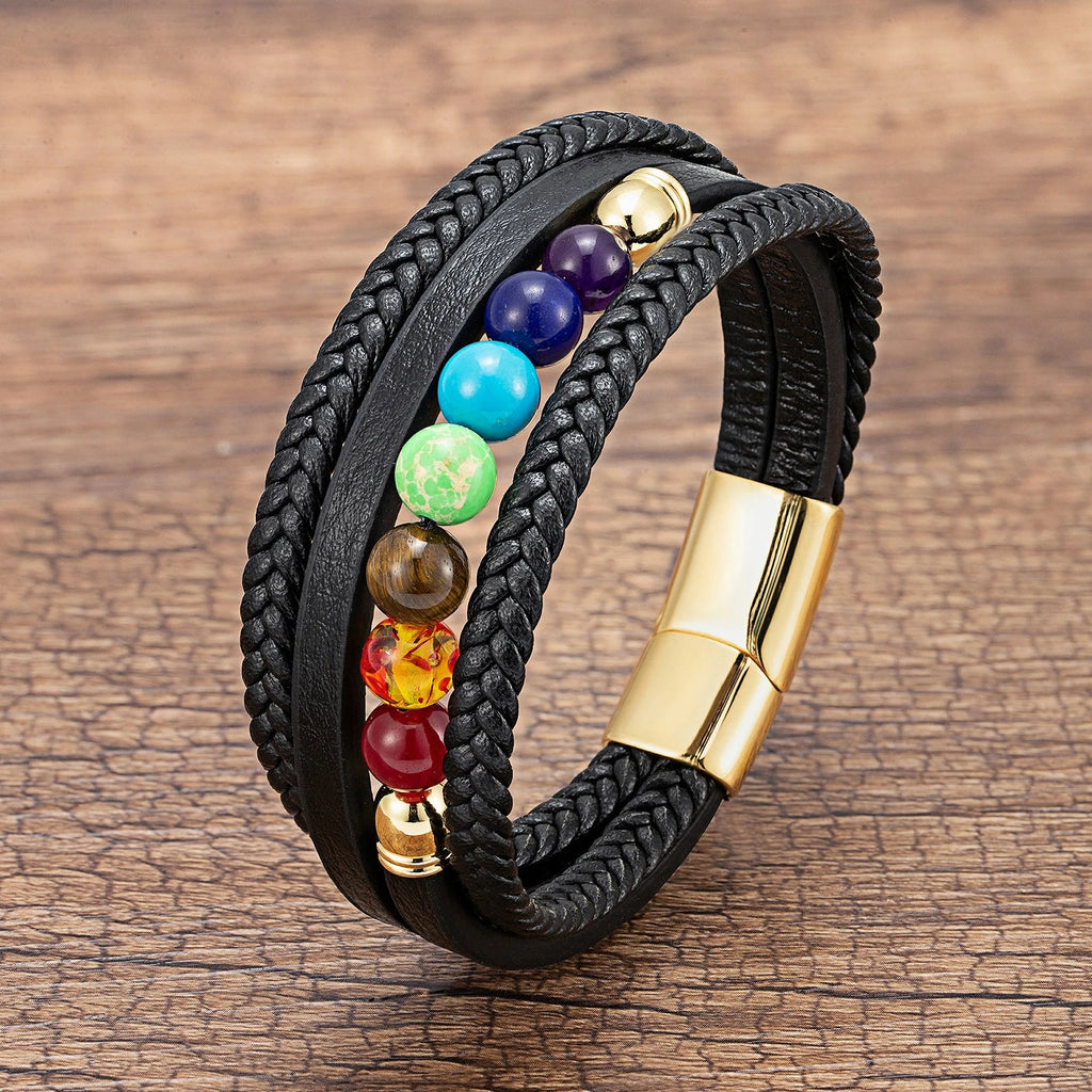 Herrenlederarmband 7 Chakren gold