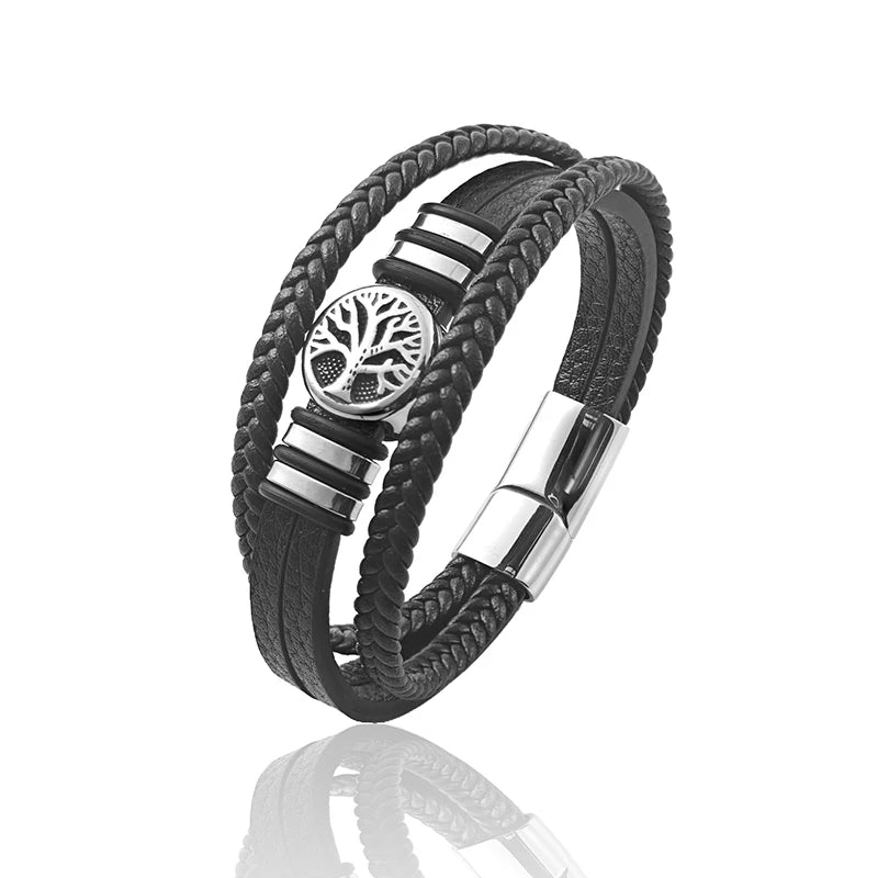 Flerstrenget cuff-armbånd i læder med livets træ
