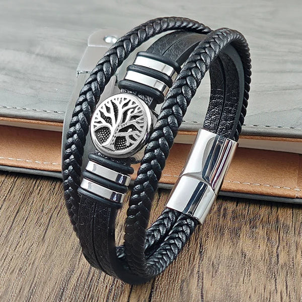 Flerstrenget cuff-armbånd i læder med livets træ
