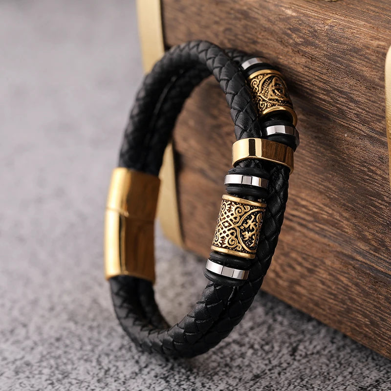 Black Leather Bracelet Viking Mythology gold2
