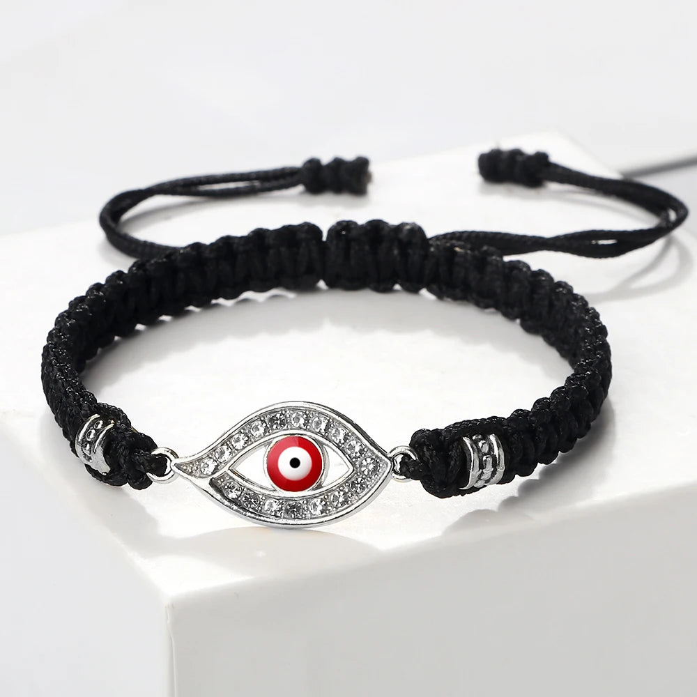 Geflochtenes Armband mit Zirkonia und türkischem Bösen Blick in Schwarz-Silber