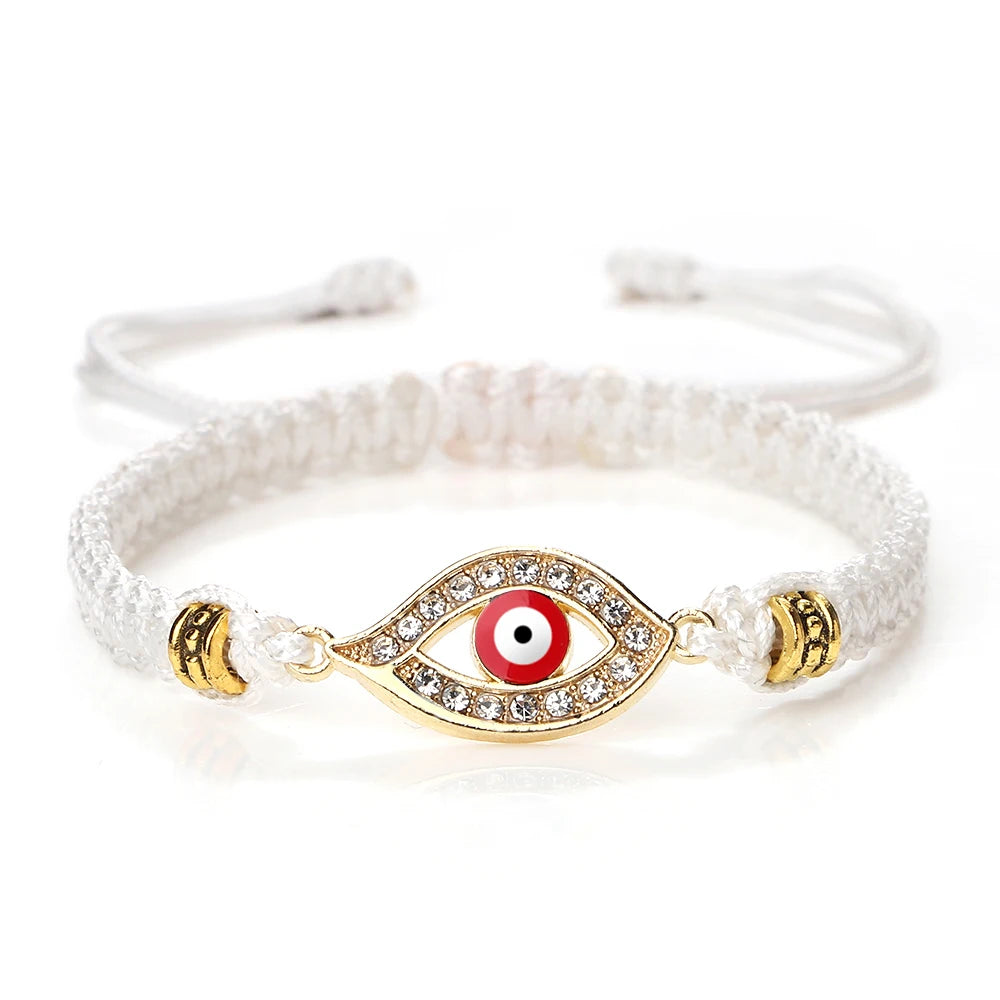Geflochtenes Armband mit Zirkonia und türkischem Bösen Blick in Weißgold