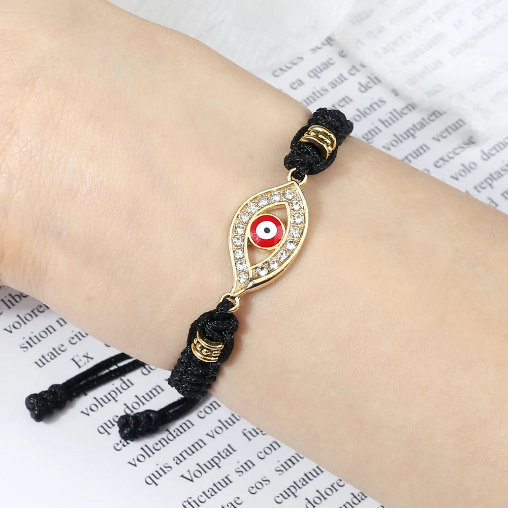 Geflochtenes Armband mit Zirkonia und türkischem Bösen Blick in Schwarz-Silber