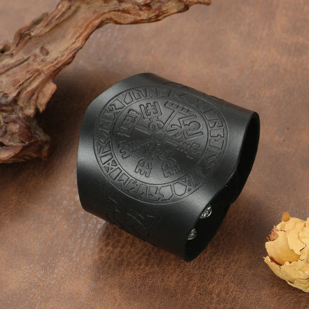 Bracelet Viking Vegvisir en cuir noir