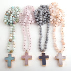 Chapelet Croix Collier Pendentif en Pierres Naturelles beige
