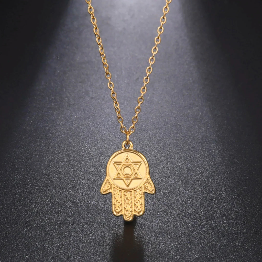 Collar con colgante de protección estrella de David y mano de Fátima judío oro