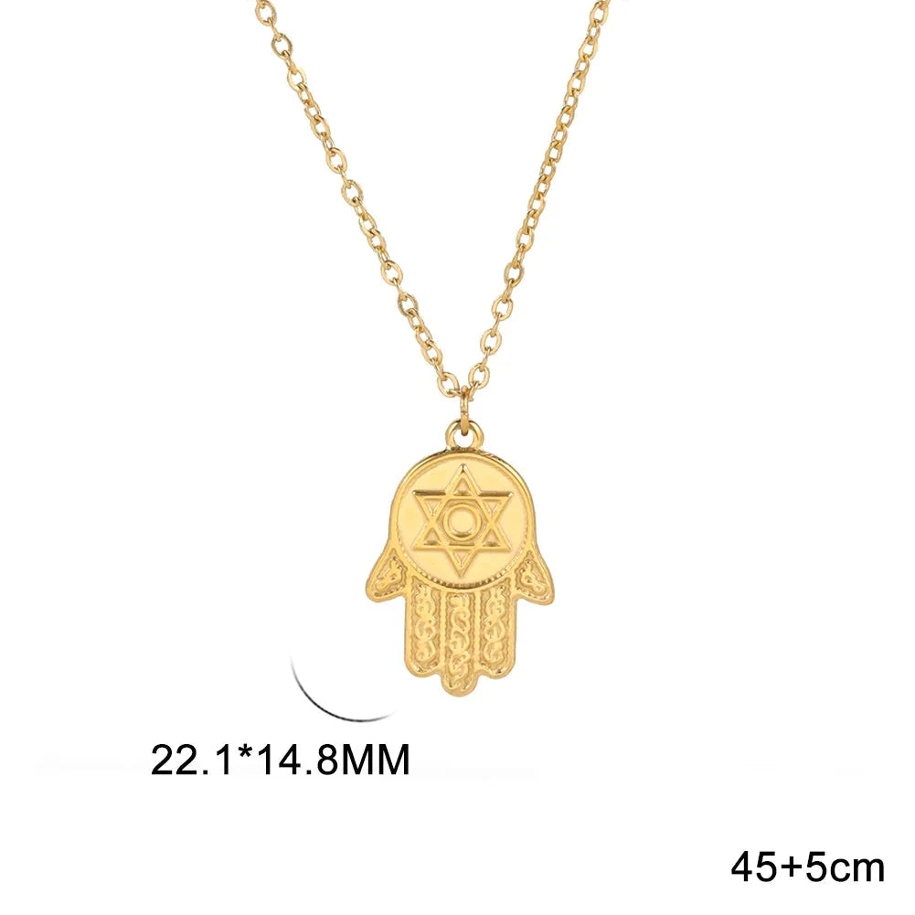 Collar con colgante de protección estrella de David y mano de Fátima judío oro