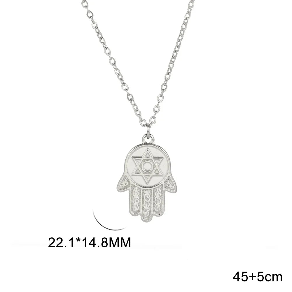 Collar con colgante de protección estrella de David y mano de Fátima judío plata