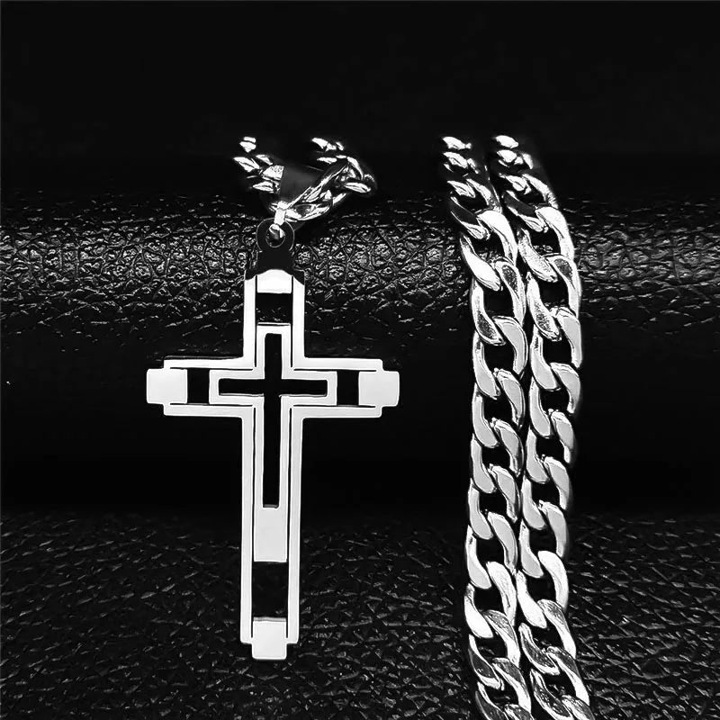 Collier avec pendentif double croix argent