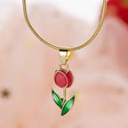 Necklace with red colored enamel tulip flower pendant