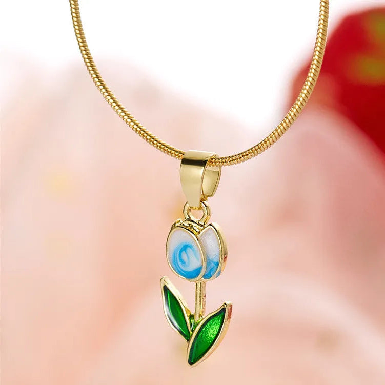 Necklace with white and blue colored enamel tulip flower pendant