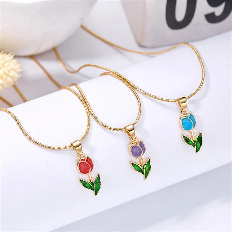 Necklace with colored enamel tulip flower pendant