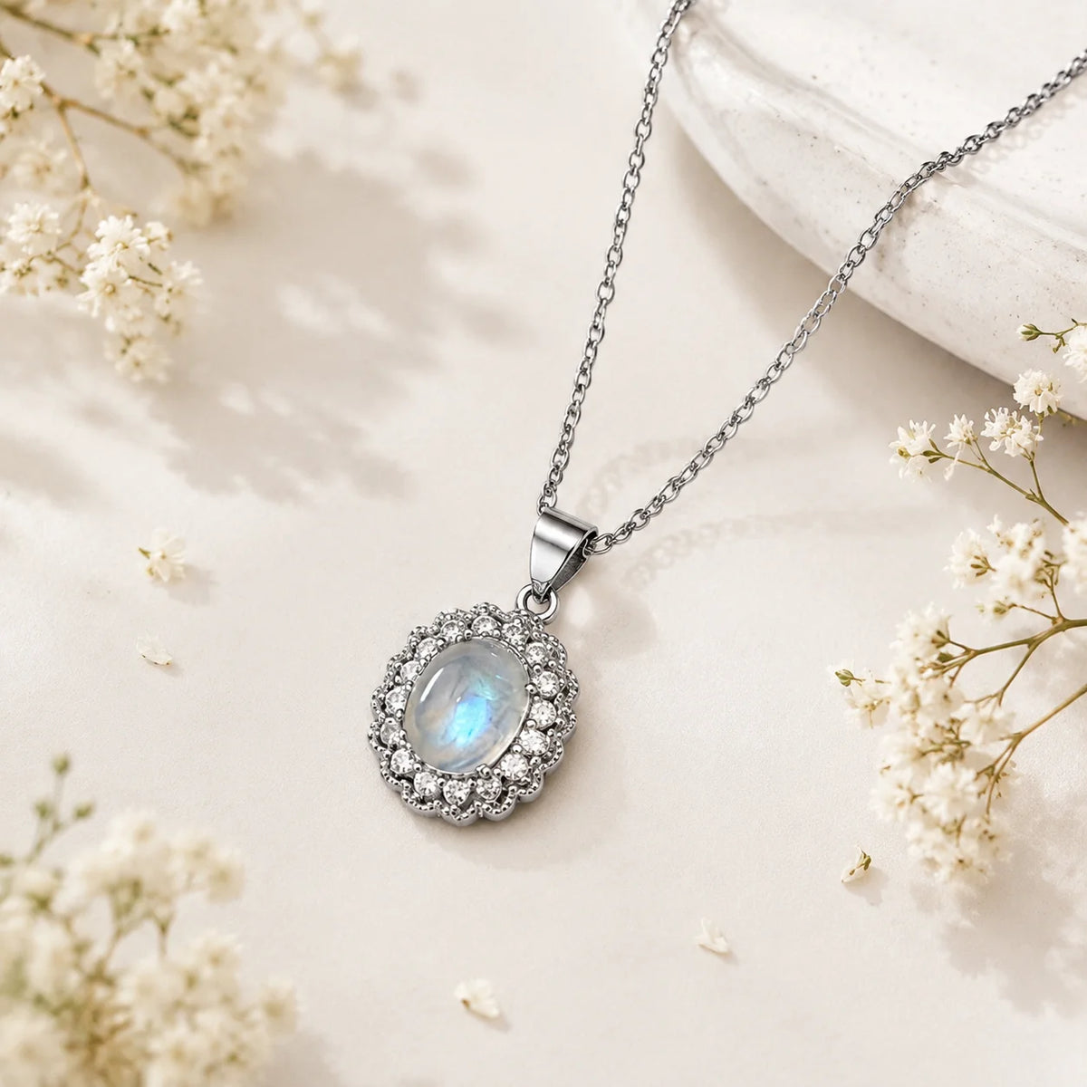 Necklace with oval moonstone pendant set with crystals