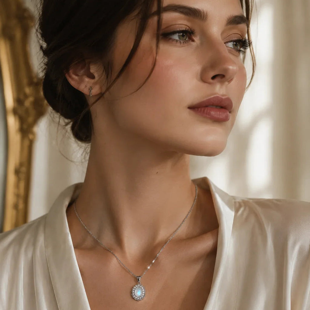 Necklace with oval moonstone pendant set with crystals