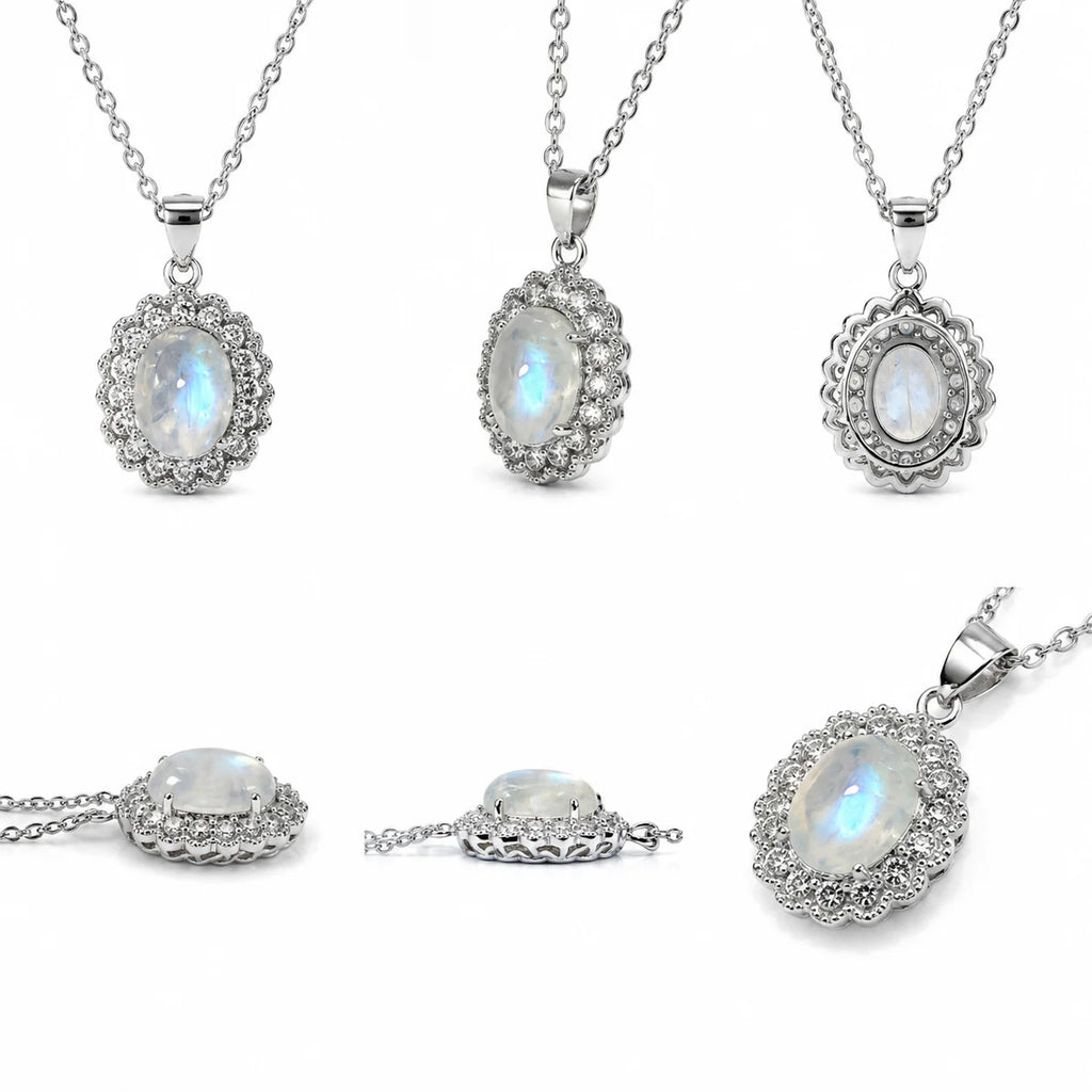 Necklace with oval moonstone pendant set with crystals