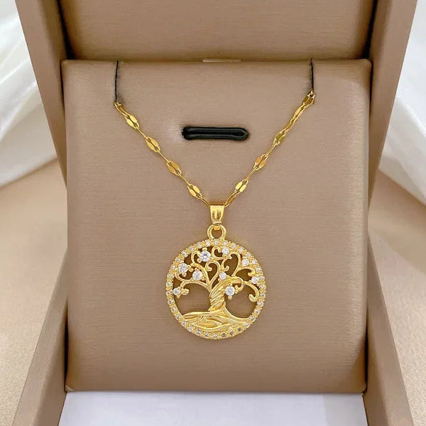 Collana con ciondolo rotondo albero della vita pavé di cristalli