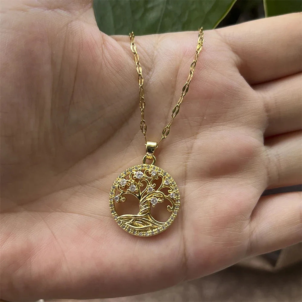 Necklace with round tree of life pendant paved with crystals