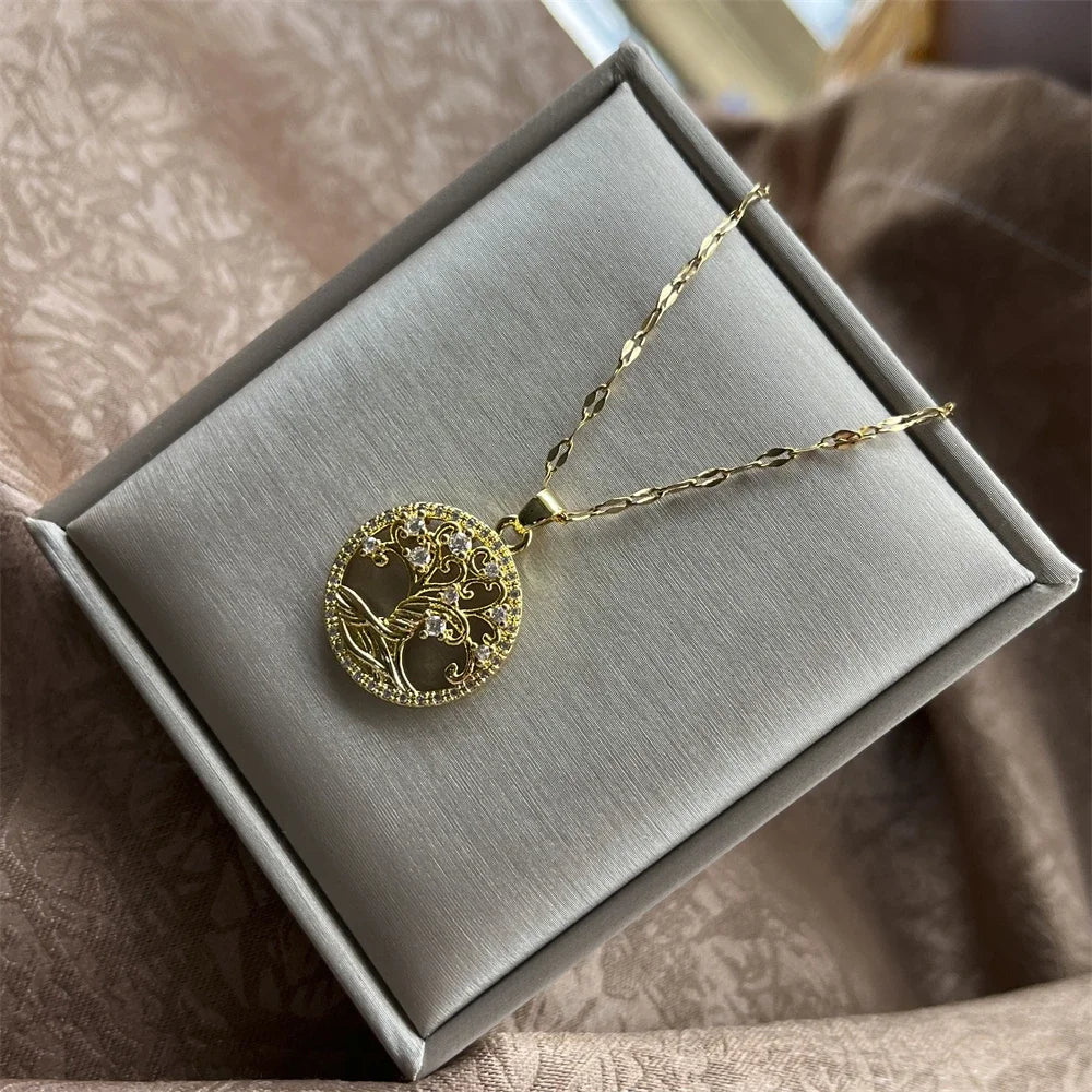 Necklace with round tree of life pendant paved with crystals