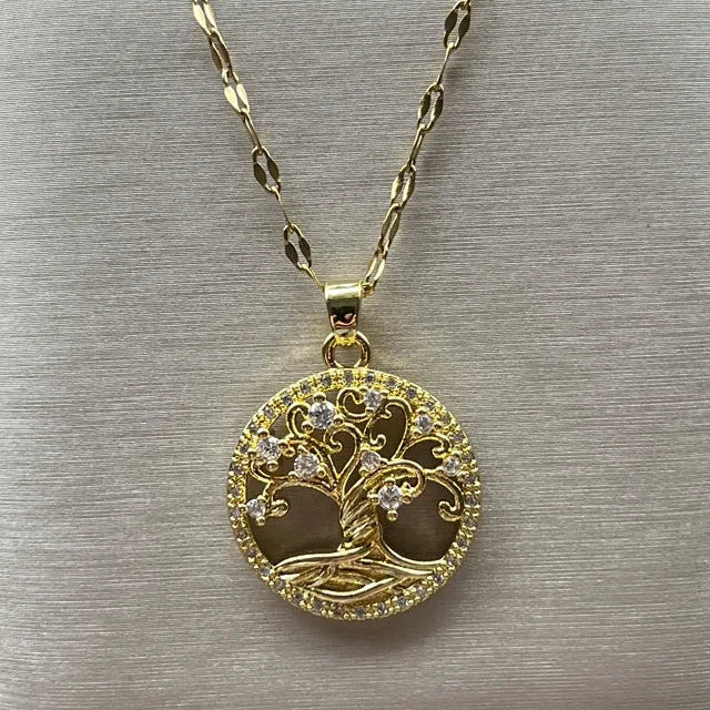 Necklace with round tree of life pendant paved with crystals